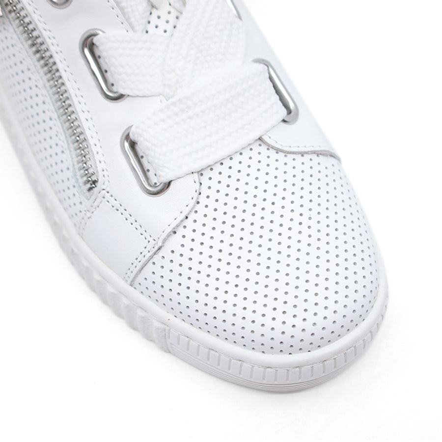 WHITE PLATFORM LACE UP SIDE ZIP PERFORATED UPPER SNEAKER