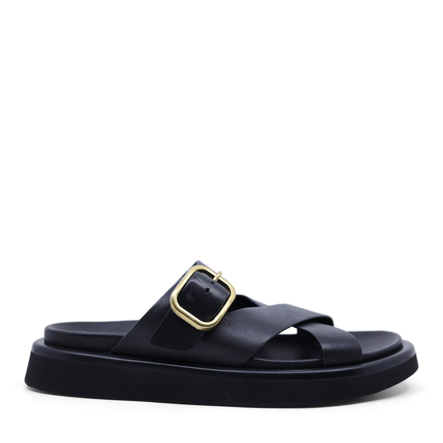 Black slide sandal with a gold buckle 