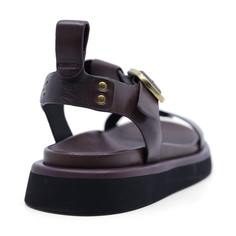 CHESTNUT BROWN T BAR GOLD BUCKLE SANDAL