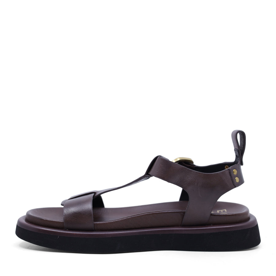 CHESTNUT BROWN T BAR GOLD BUCKLE SANDAL