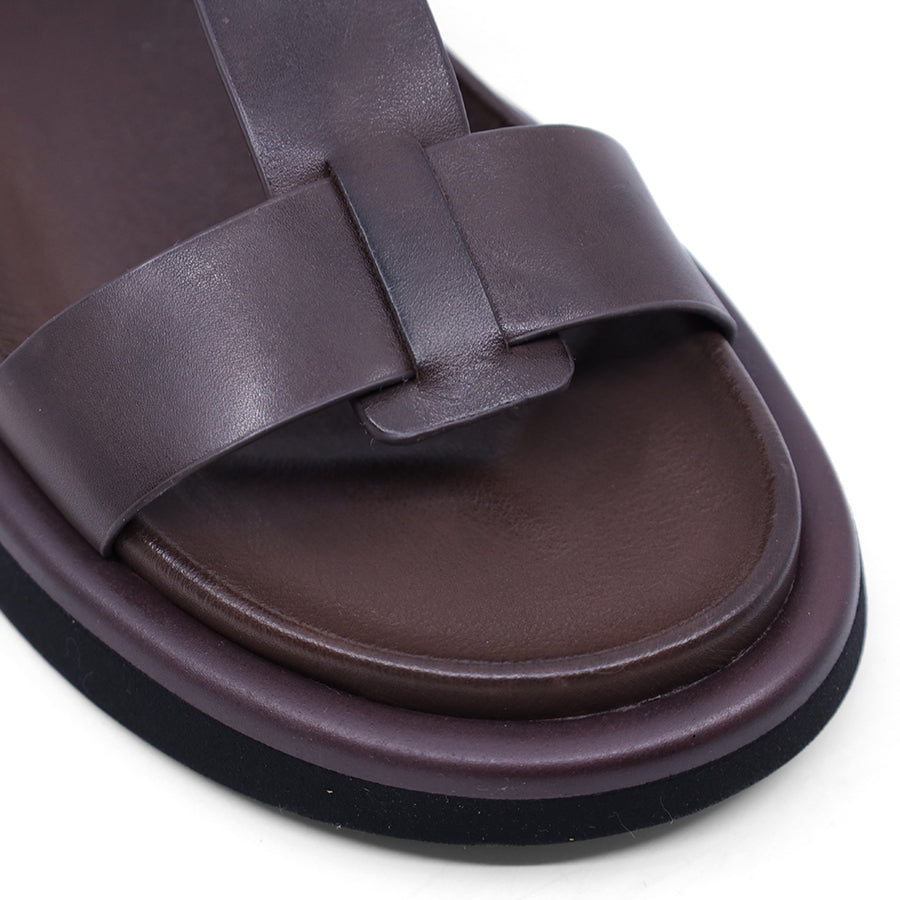 CHESTNUT BROWN T BAR GOLD BUCKLE SANDAL