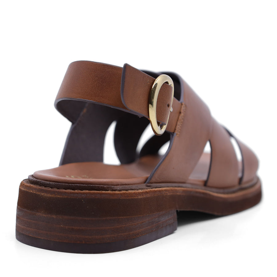 Brandy brown sandal with criss-cross straps and sling back buckle closure