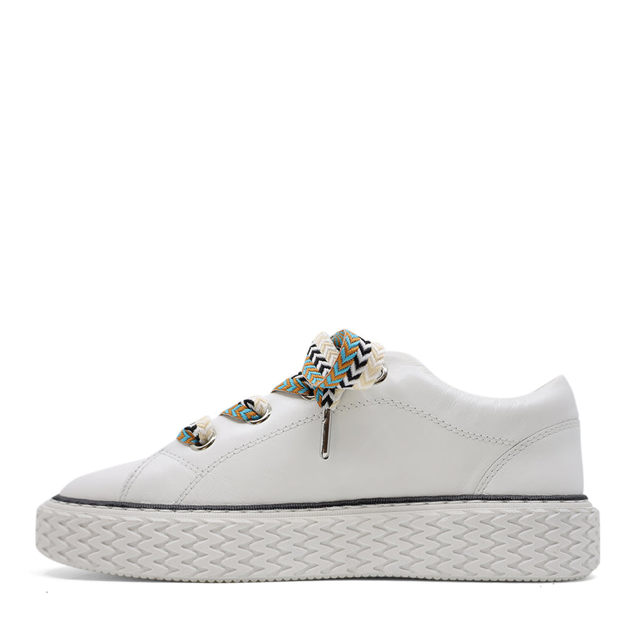 WHITE LACE UP SNEAKER WITH MULTI COLOURED LACES