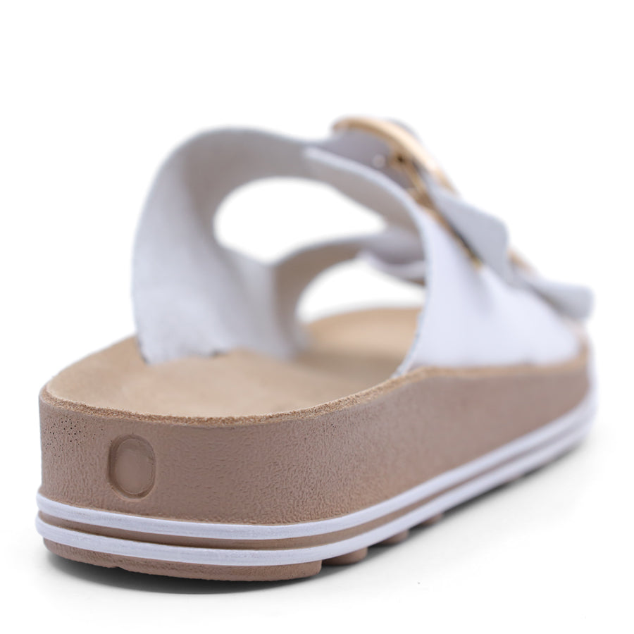 WHITE TWO STRAP GOLD BUCKLE SLIDE SANDAL