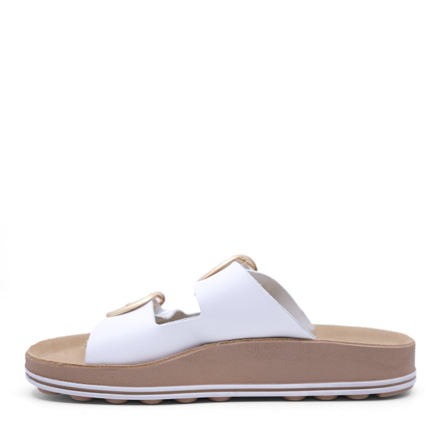 WHITE TWO STRAP GOLD BUCKLE SLIDE SANDAL