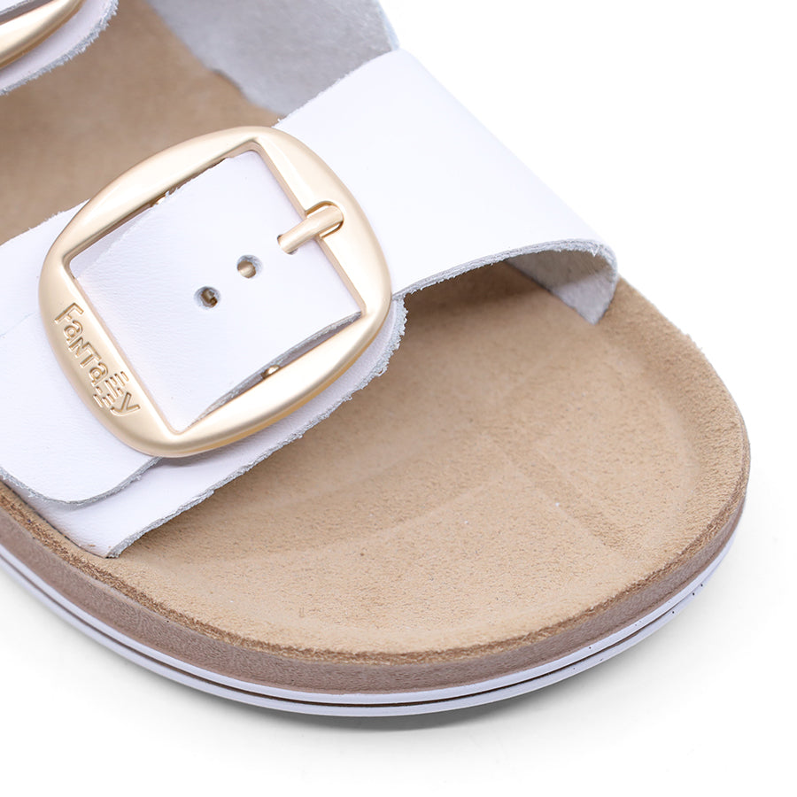 WHITE TWO STRAP GOLD BUCKLE SLIDE SANDAL