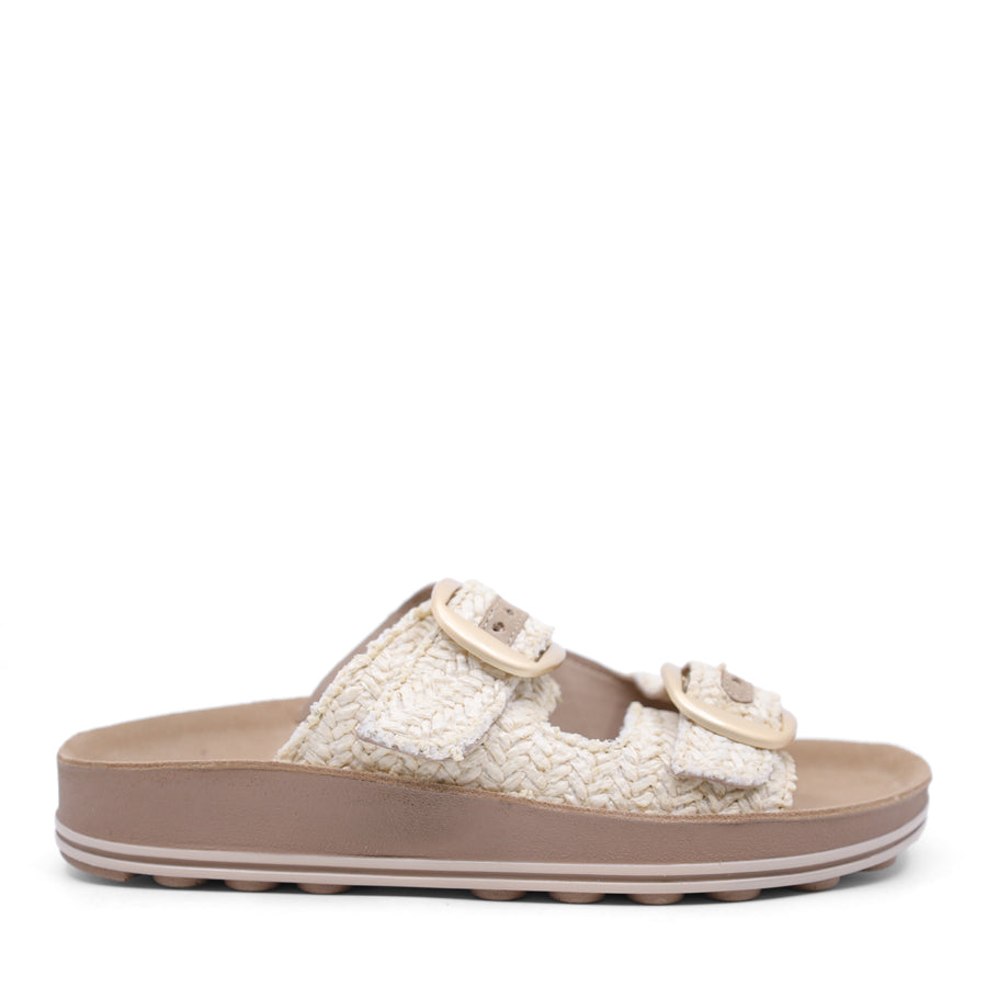 VANILLA TWO STRAP GOLD BUCKLE SLIDE SANDAL