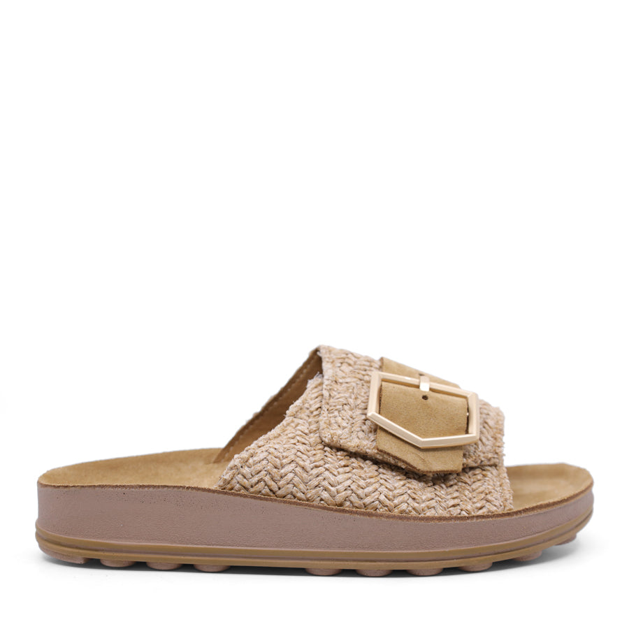 TAN BROWN BEIGE WOVEN SLIDE SANDAL WITH GOLD BUCKLE