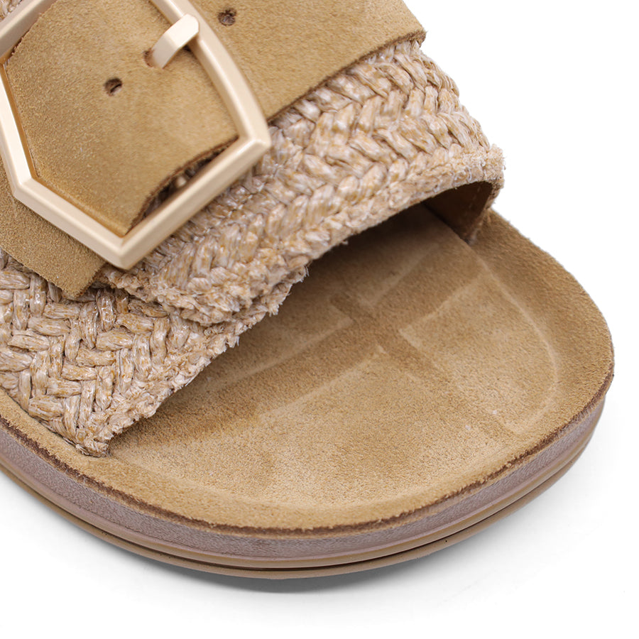 TAN BROWN BEIGE WOVEN SLIDE SANDAL WITH GOLD BUCKLE
