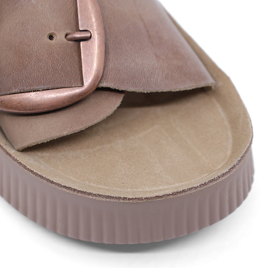 STONE GREY SLIP ON PLATFORM SLIDE SANDAL WITH BUCKLE