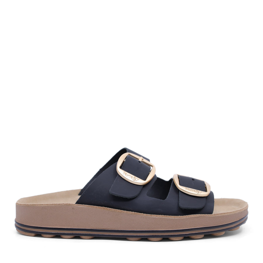 BLACK TWO STRAP GOLD BUCKLE SLIDE SANDAL
