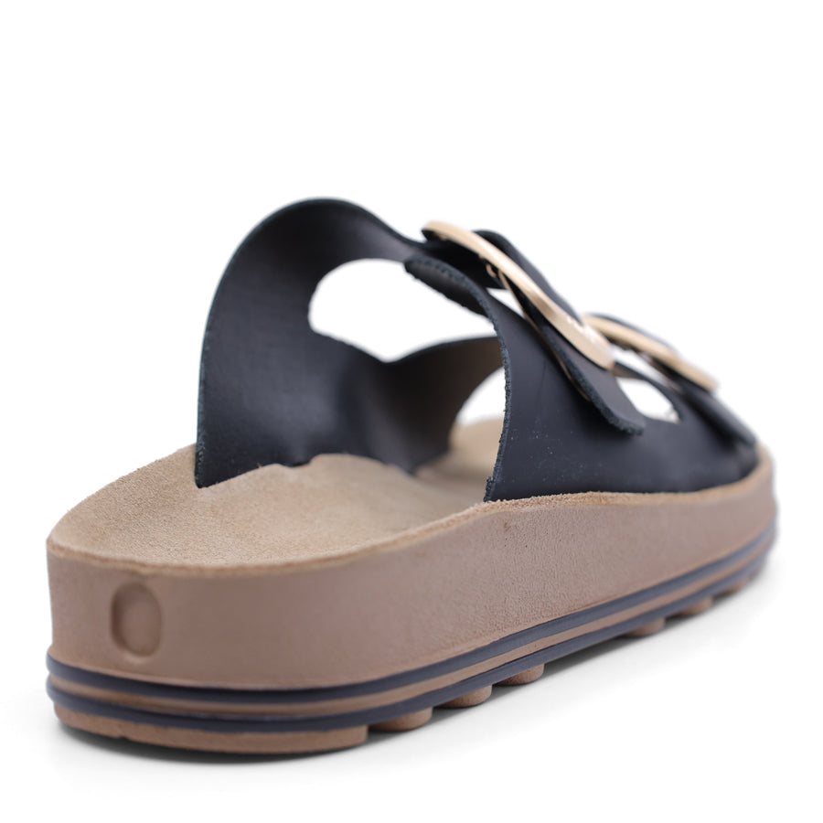 BLACK TWO STRAP GOLD BUCKLE SLIDE SANDAL