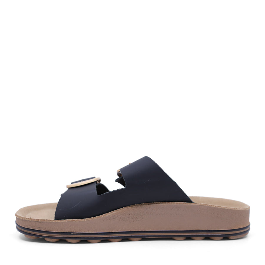BLACK TWO STRAP GOLD BUCKLE SLIDE SANDAL