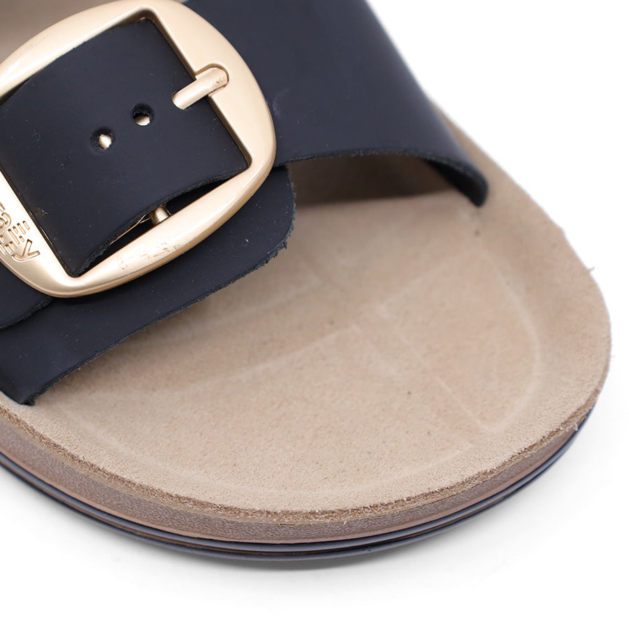 BLACK TWO STRAP GOLD BUCKLE SLIDE SANDAL