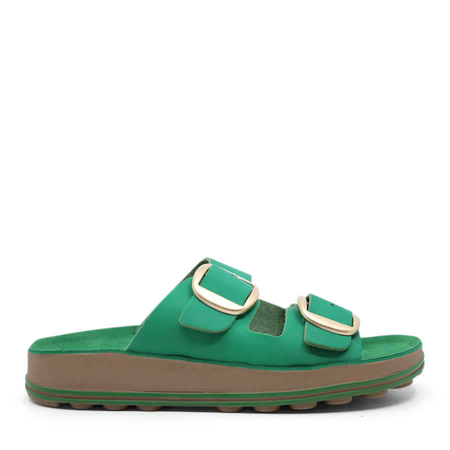 GREEN TWO STRAP GOLD BUCKLE SLIDE SANDAL