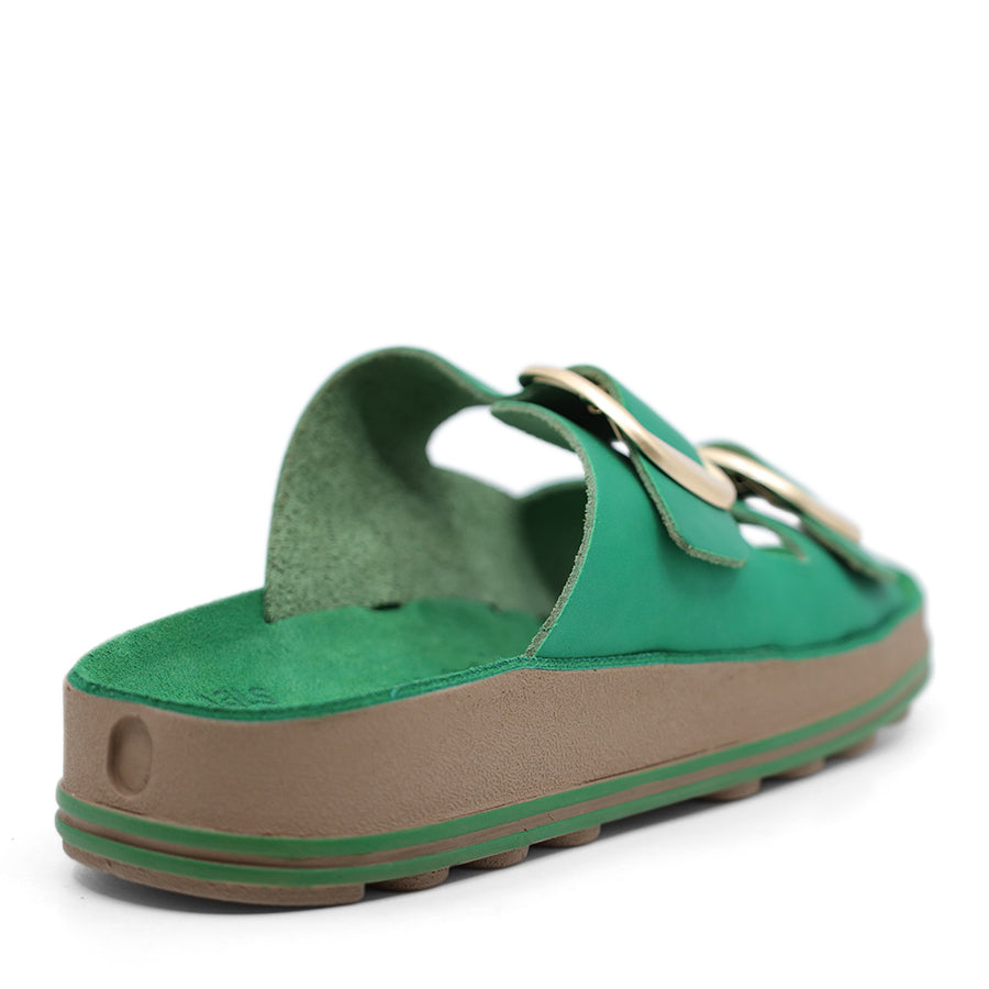 GREEN TWO STRAP GOLD BUCKLE SLIDE SANDAL