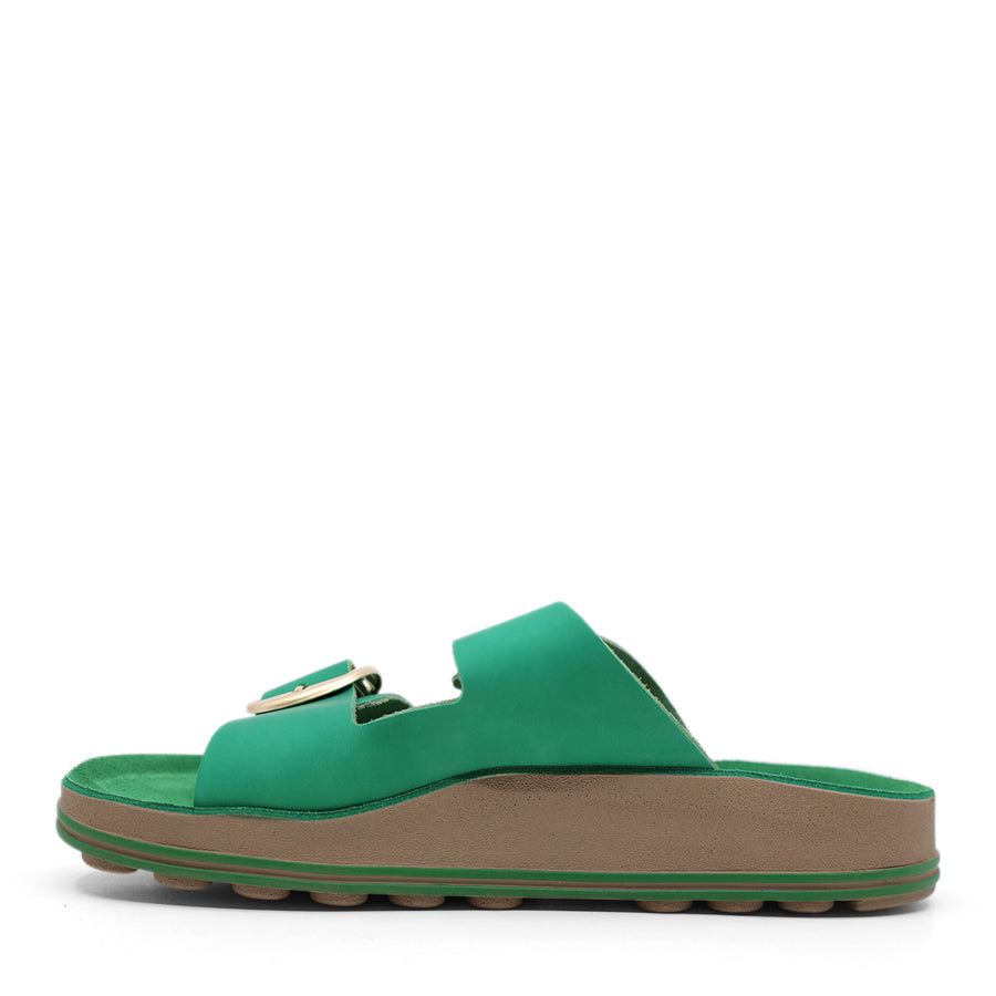 GREEN TWO STRAP GOLD BUCKLE SLIDE SANDAL