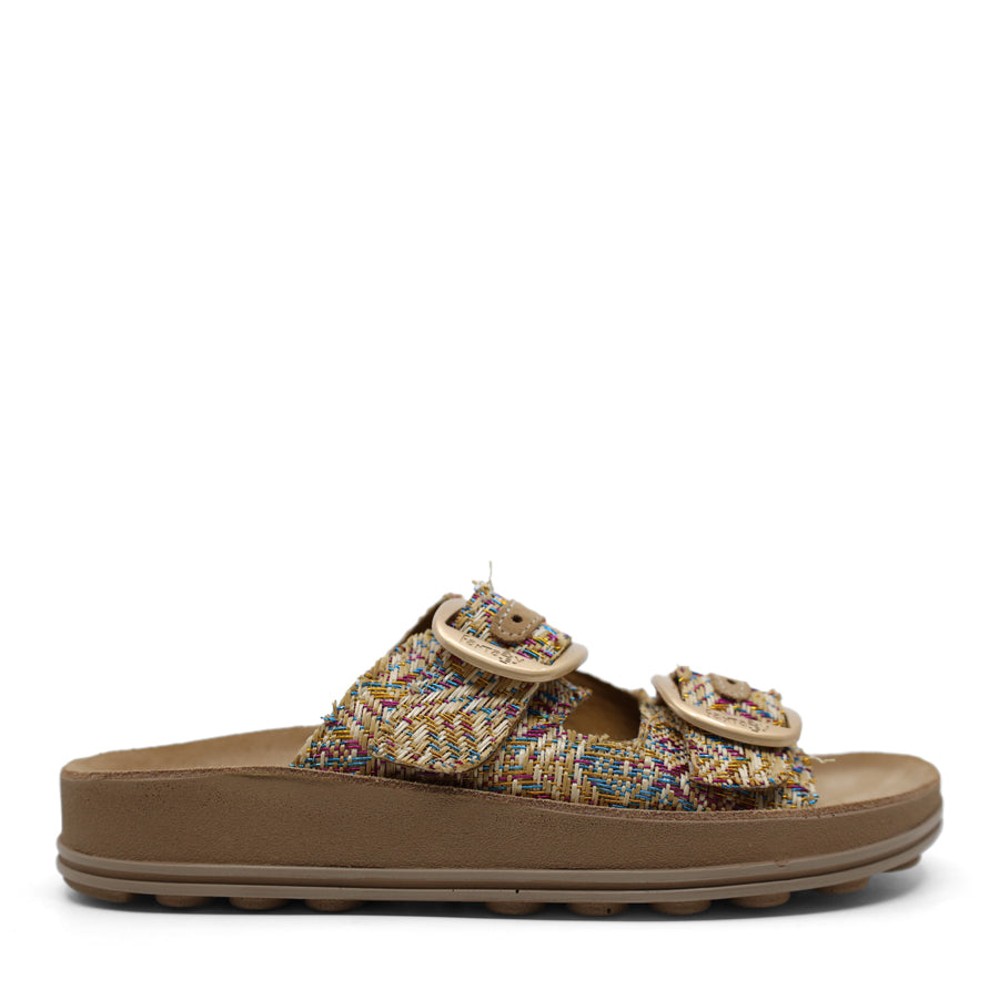 MULTI COLOURED TWO STRAP GOLD BUCKLE SLIDE SANDAL