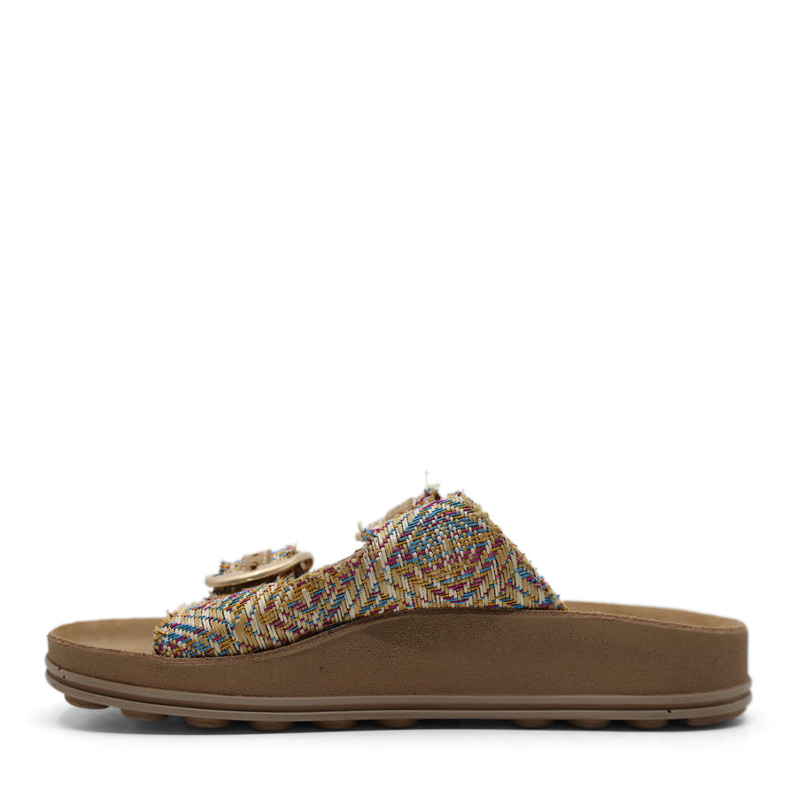 MULTI COLOURED TWO STRAP GOLD BUCKLE SLIDE SANDAL