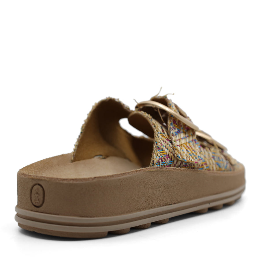 MULTI COLOURED TWO STRAP GOLD BUCKLE SLIDE SANDAL