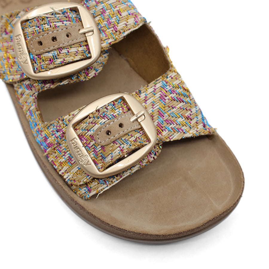 MULTI COLOURED TWO STRAP GOLD BUCKLE SLIDE SANDAL