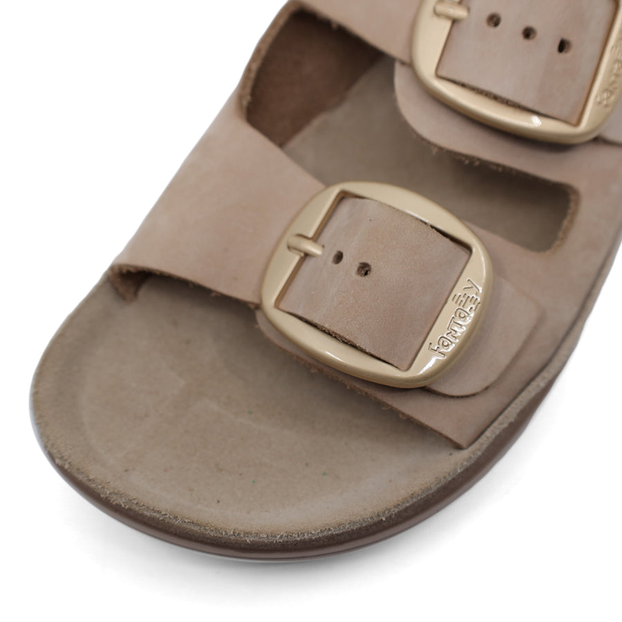 OSIS BROWN TWO STRAP GOLD BUCKLE SLIDE SANDAL