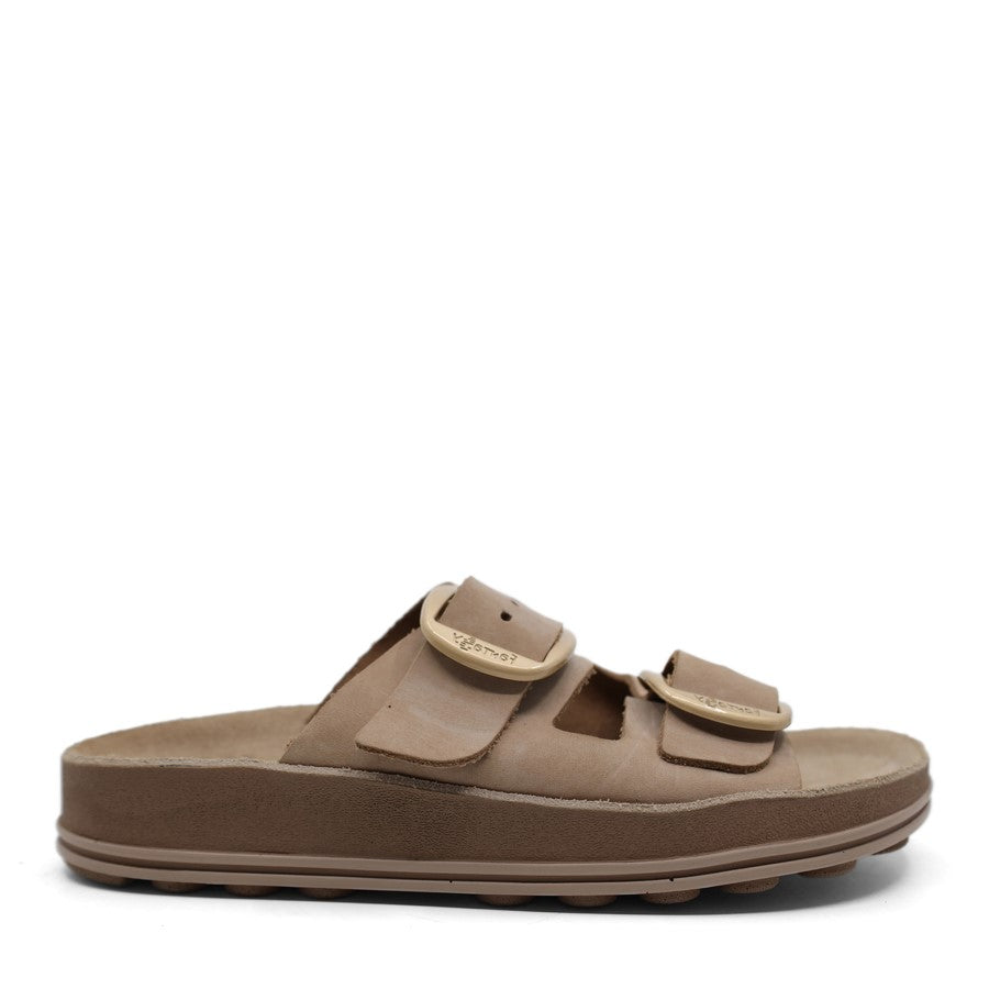 OSIS BROWN TWO STRAP GOLD BUCKLE SLIDE SANDAL