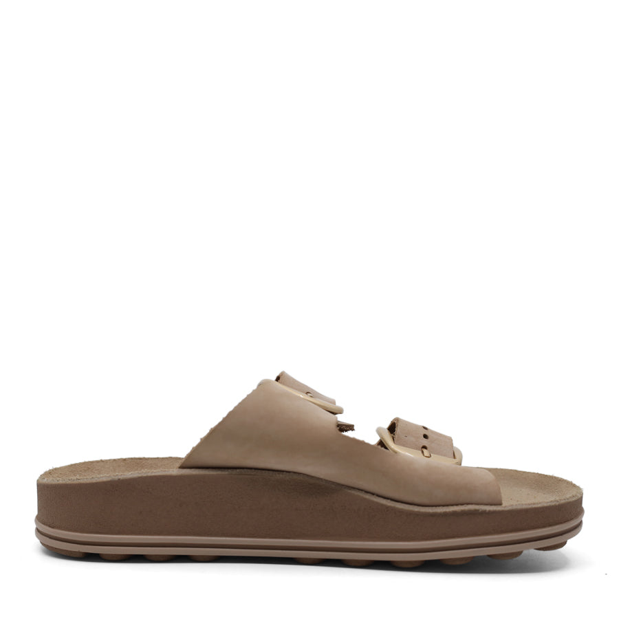 OSIS BROWN TWO STRAP GOLD BUCKLE SLIDE SANDAL