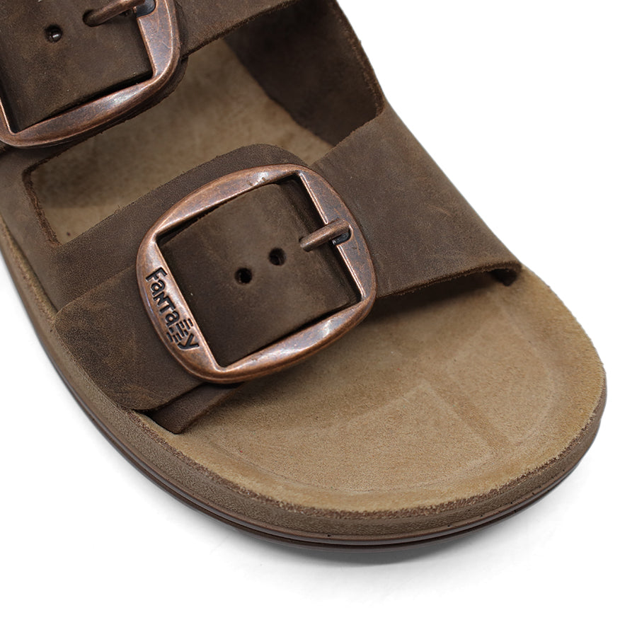 TAUPE BROWN TWO STRAP GOLD BUCKLE SLIDE SANDAL