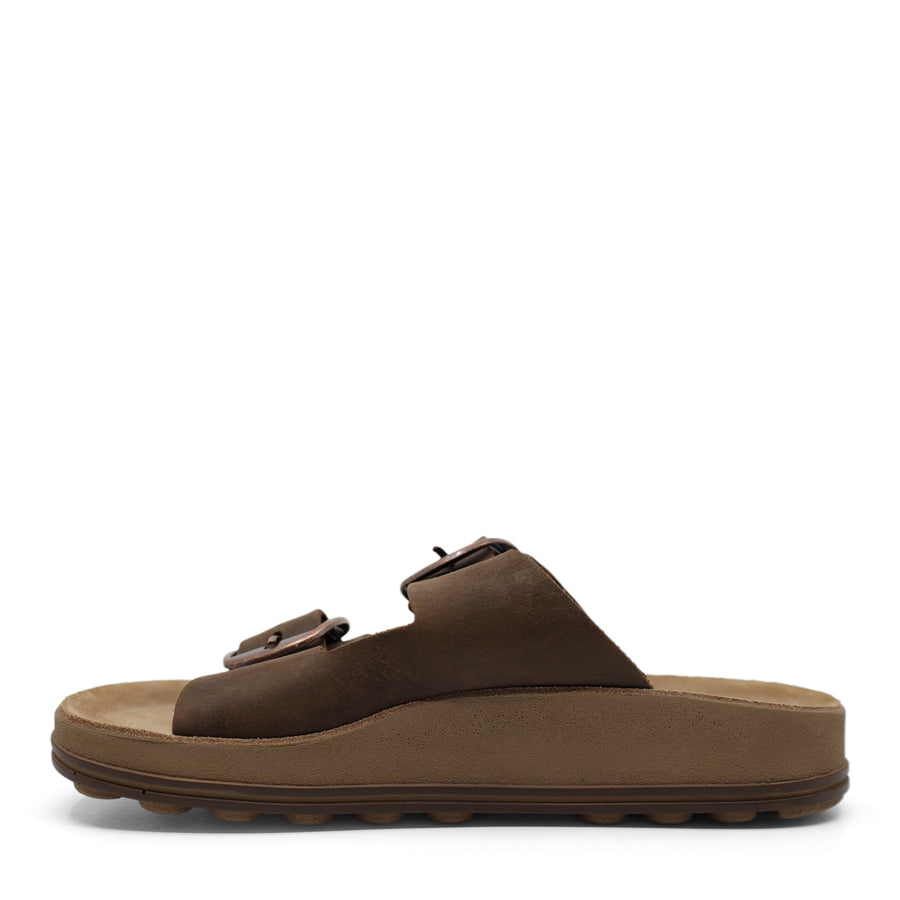 TAUPE BROWN TWO STRAP GOLD BUCKLE SLIDE SANDAL