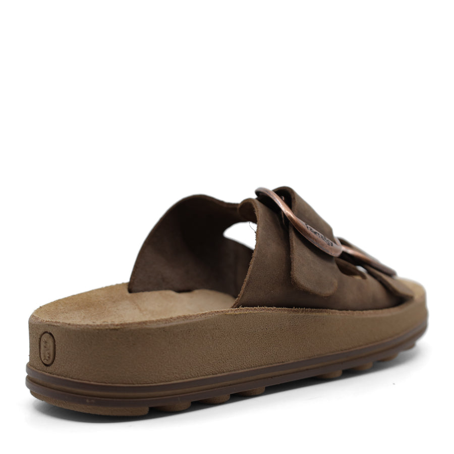 TAUPE BROWN TWO STRAP GOLD BUCKLE SLIDE SANDAL
