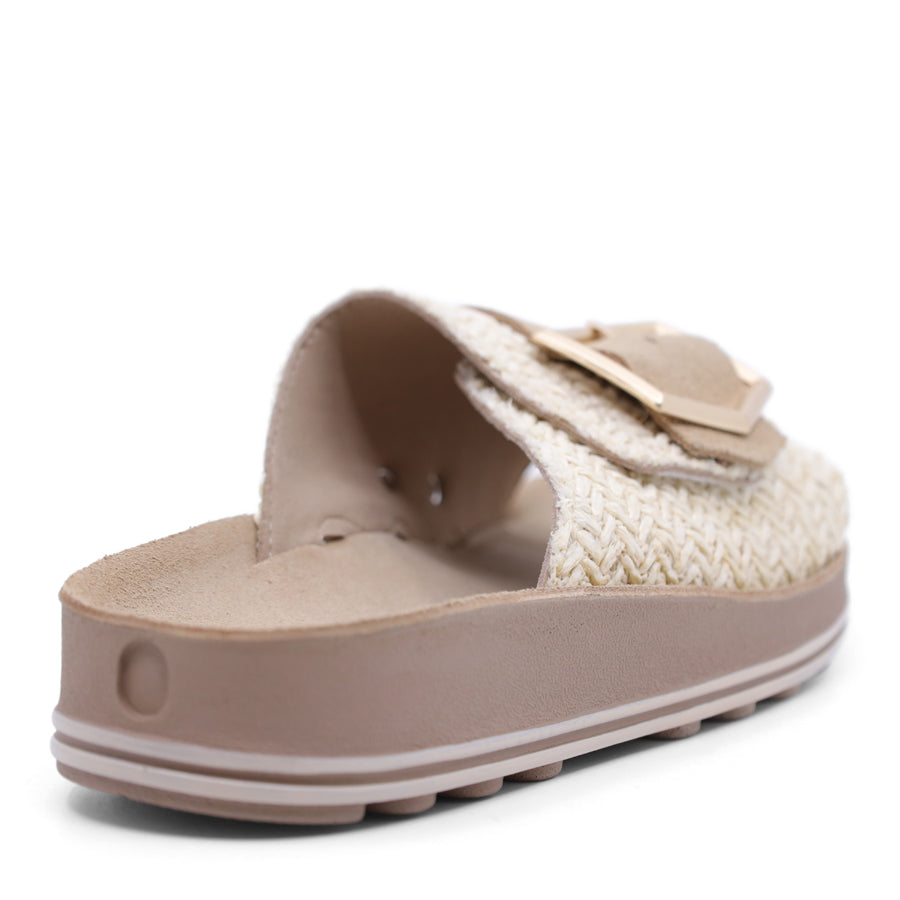 VANILLA BEIGE WOVEN SLIDE SANDAL WITH GOLD BUCKLE