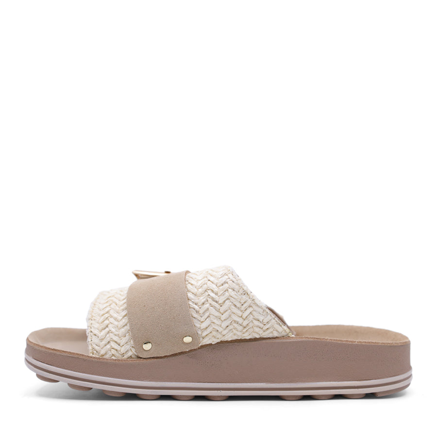 VANILLA BEIGE WOVEN SLIDE SANDAL WITH GOLD BUCKLE