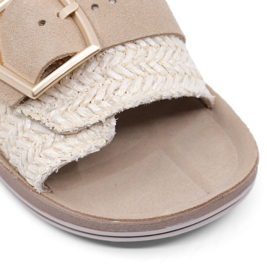 TAN BROWN BEIGE WOVEN SLIDE SANDAL WITH GOLD BUCKLE