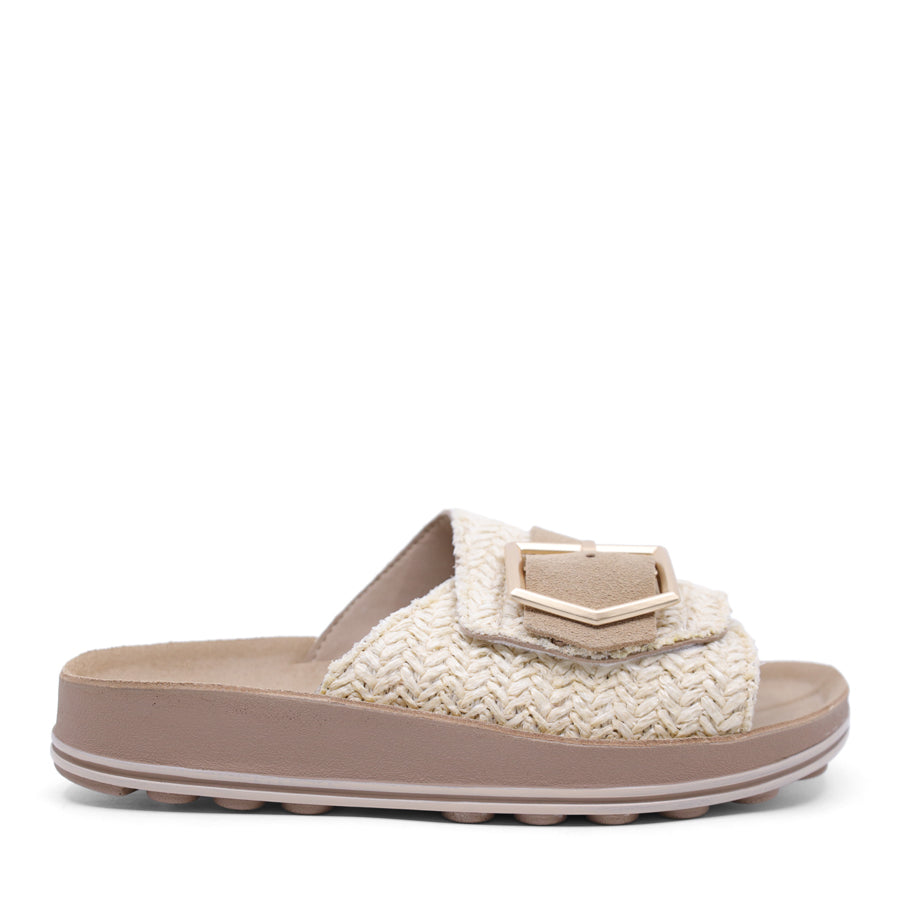 VANILLA BEIGE WOVEN SLIDE SANDAL WITH GOLD BUCKLE