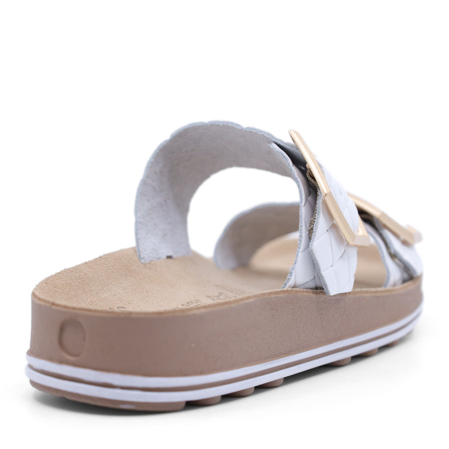 WHITE GOLD BUCKLE TWO STRAP FLAT SANDAL SLIDE