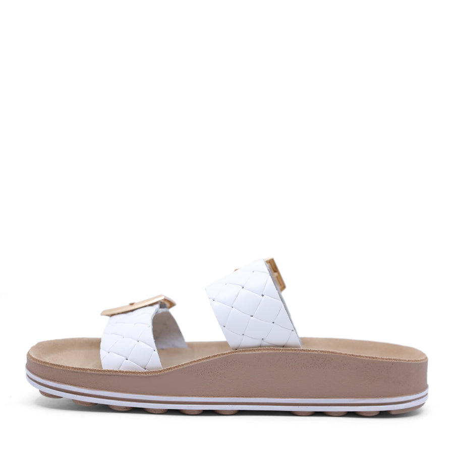 WHITE GOLD BUCKLE TWO STRAP FLAT SANDAL SLIDE