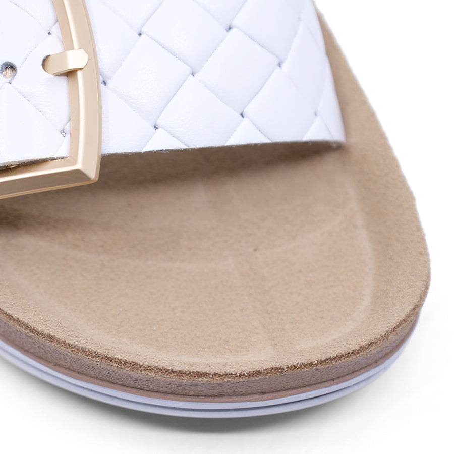 WHITE GOLD BUCKLE TWO STRAP FLAT SANDAL SLIDE