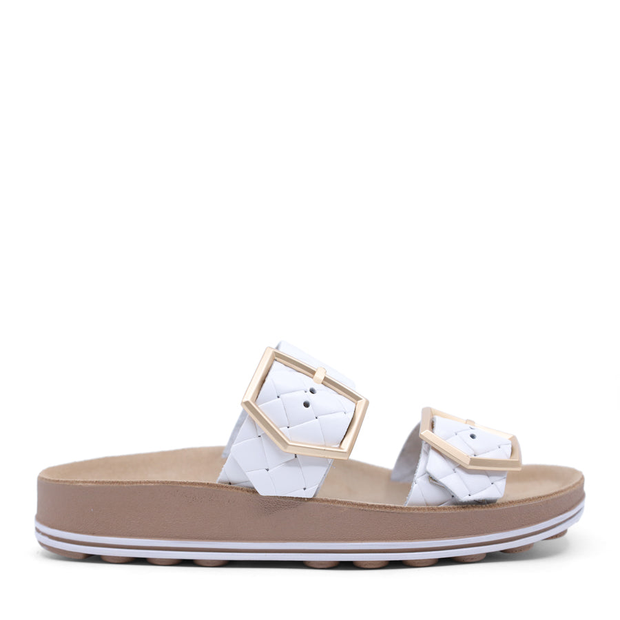 WHITE GOLD BUCKLE TWO STRAP FLAT SANDAL SLIDE