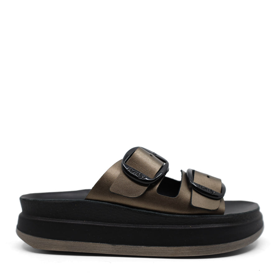 ANTHRACITE BROWN METALLIC TWO STRAP BLACK BUCKLE PLATFORM SLIDE SANDAL