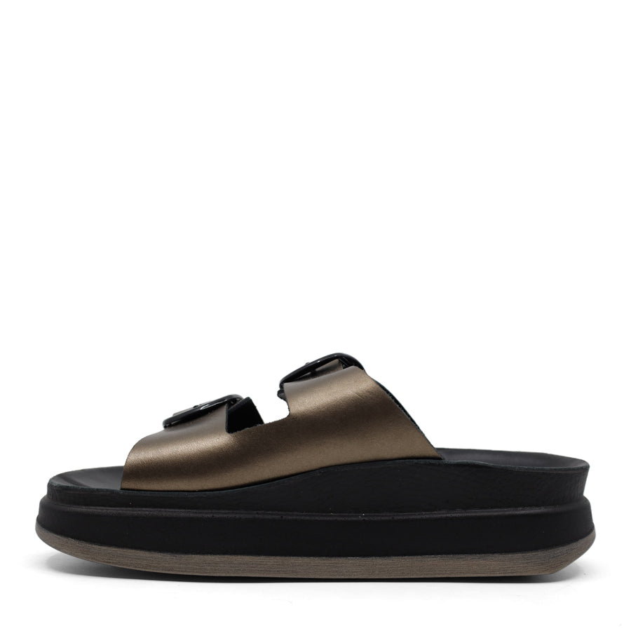 ANTHRACITE BROWN METALLIC TWO STRAP BLACK BUCKLE PLATFORM SLIDE SANDAL