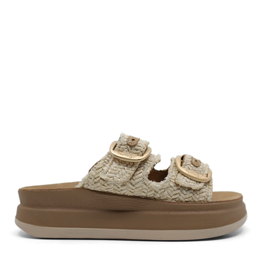 VANILLA WEAVE BEIGE TWO STRAP GOLD BUCKLE PLATFORM SLIDE SANDAL