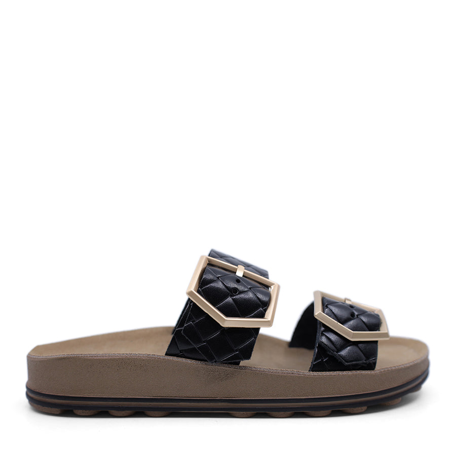 ROSE GOLD METALLIC GOLD BUCKLE TWO STRAP FLAT SANDAL SLIDE