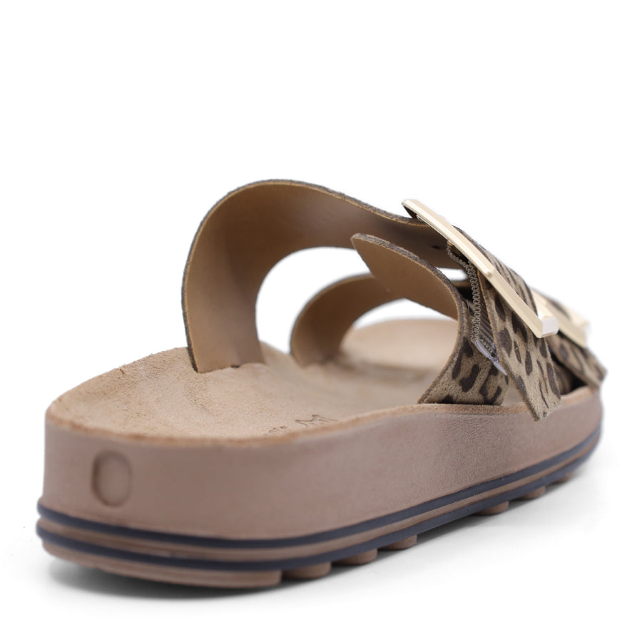 LEOPARD PRINT GOLD BUCKLE TWO STRAP FLAT SANDAL SLIDE