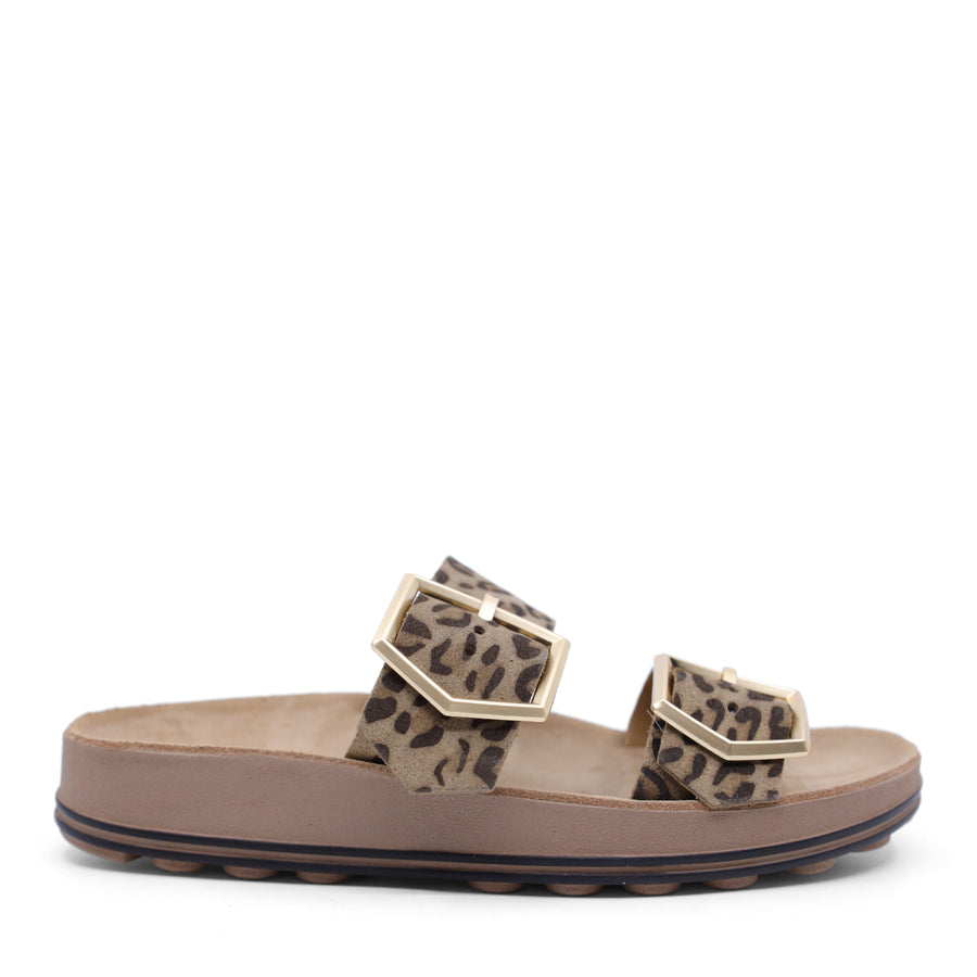 LEOPARD PRINT GOLD BUCKLE TWO STRAP FLAT SANDAL SLIDE