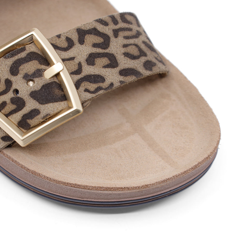 LEOPARD PRINT GOLD BUCKLE TWO STRAP FLAT SANDAL SLIDE