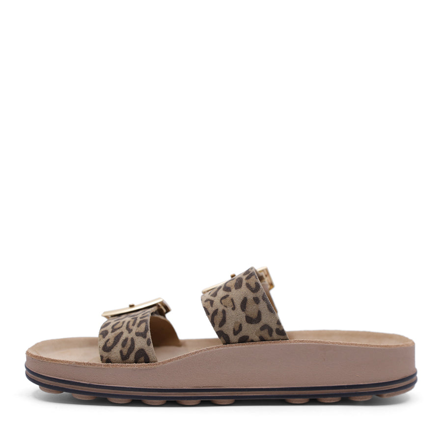 LEOPARD PRINT GOLD BUCKLE TWO STRAP FLAT SANDAL SLIDE