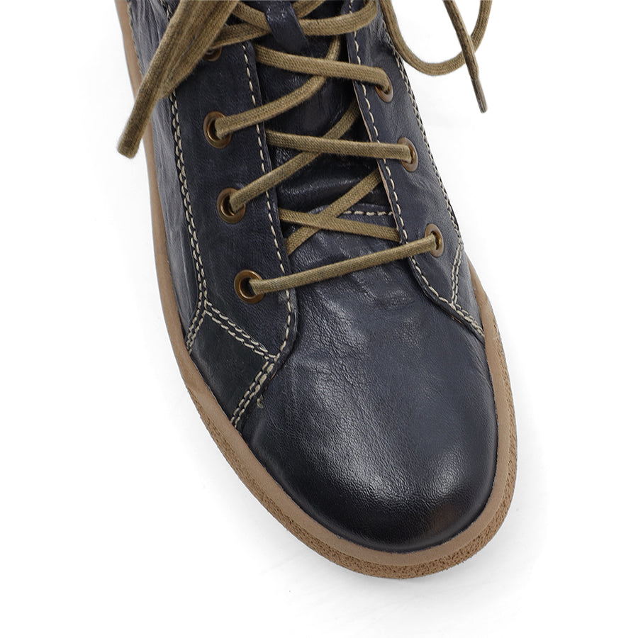 OCEAN NAVY BLUE LACE UP ZIP UP ANKLE BOOT WOOL DETAIL