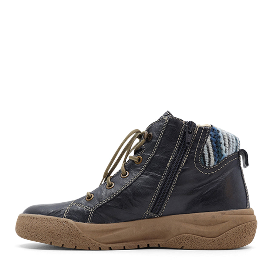 OCEAN NAVY BLUE LACE UP ZIP UP ANKLE BOOT WOOL DETAIL