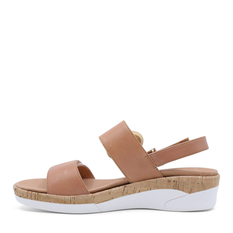 Tan brown sandal with cork wedge sole
